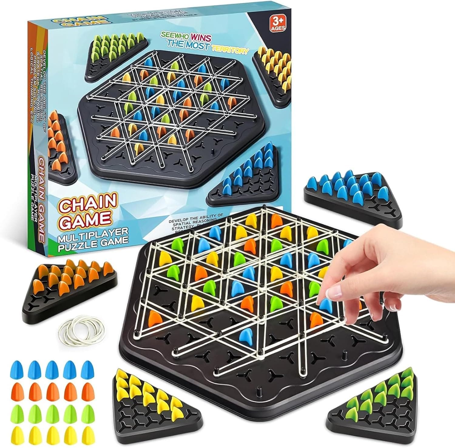 ROMANVIC Triggle Spiel,Triggle Gummibänder Brettspiele,Urlaubs- oder Geburtstagsgeschenk Game für Erwachsene Jungen und Mädchen ab 9 Jahren, Chain Triangle Orbito interaktive Brettspiele