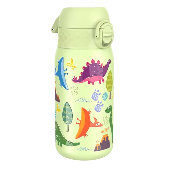 ion8 Kinder Trinkflasche, Edelstahl Leicht 400ml, Nicht Isoliert, Auslaufsicher, Einhandöffnung, Sichere Verriegelung, Spülmaschinenfest, Klappdeckel, Tragegriff, Leicht zu Reinigen, Dinosaurier