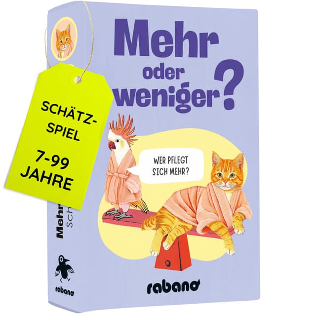 Rabano Art Mehr oder Weniger - Schätzspiel ab 2 Personen - 150 Fragen - Spiel für Erwachsene & Kinder ab 7 Jahren - Tolles Kartenspiel für 2+ Spieler - Familienspiel, Gesellschaftsspiel oder zu zweit