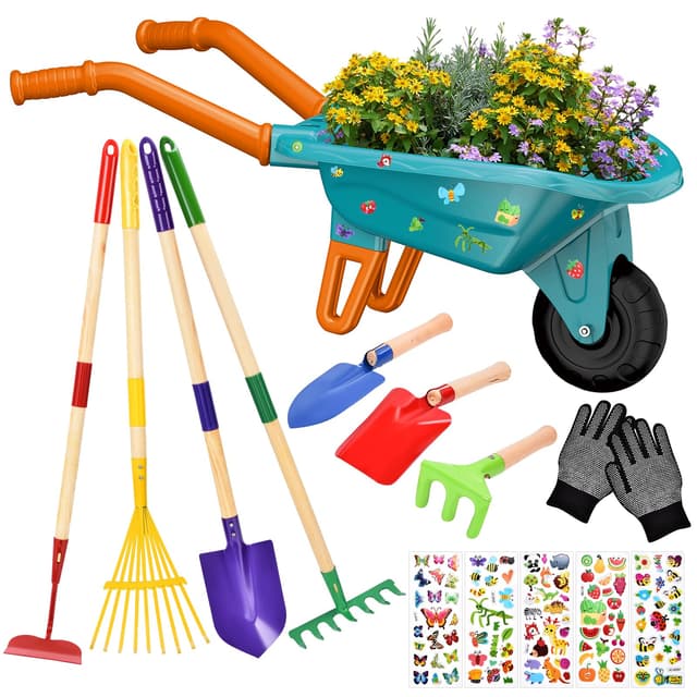 Aragallant Schubkarre für Kinder, 14-teiliges Kinder Schubkarre Garten Set mit Schaufel, Rechen, Gabel, Arbeitshandschuhen, Gartengeräte Kinderschubkarre mit Zubehör, Gartenwerkzeug Kindergartenset grün