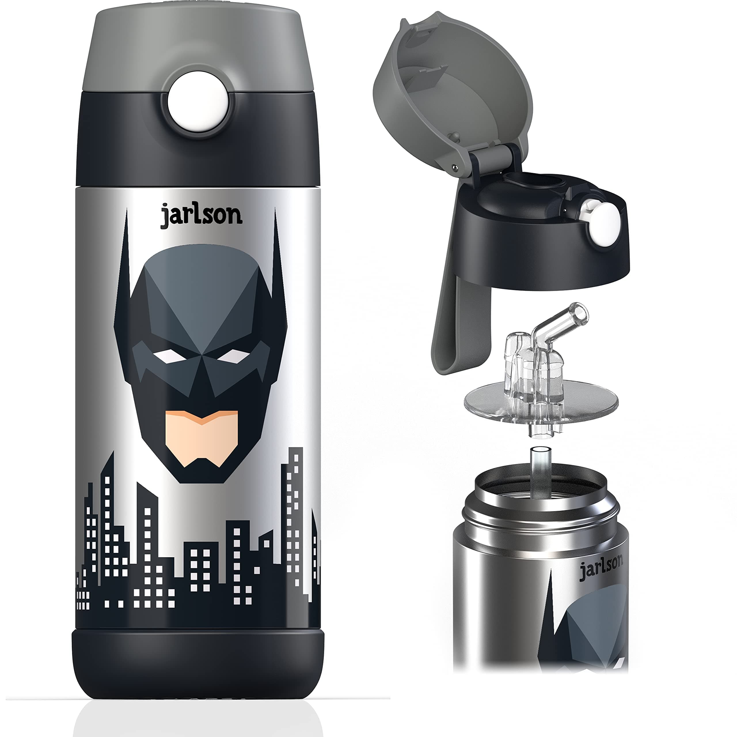 Jarlson® Trinkflasche Kinder CHARLI - TÜV geprüft -Thermo Edelstahl Wasserflasche 350ml - BPA frei - auslaufsicher - Kinderflasche mit Strohhalm - Flasche für Schule, Kindergarten(Superheld schwarz) Superheld 2 Black 350 ml