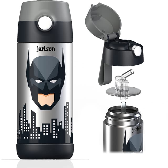 Jarlson® Trinkflasche Kinder CHARLI - TÜV geprüft -Thermo Edelstahl Wasserflasche 350ml - BPA frei - auslaufsicher - Kinderflasche mit Strohhalm - Flasche für Schule, Kindergarten(Superheld schwarz) Superheld 2 Black 350 ml