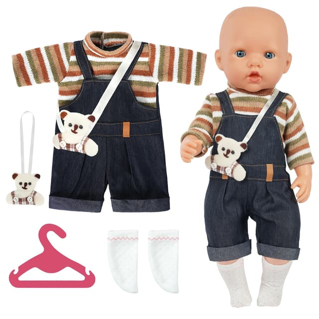 Aolso Puppenkleidungsset, 14–18 Zoll Puppenkleidung = Kleidung + Bär + Socken + Kleiderbügel, Puppenzubehör passend für 35–45 cm (Overall - Bär)