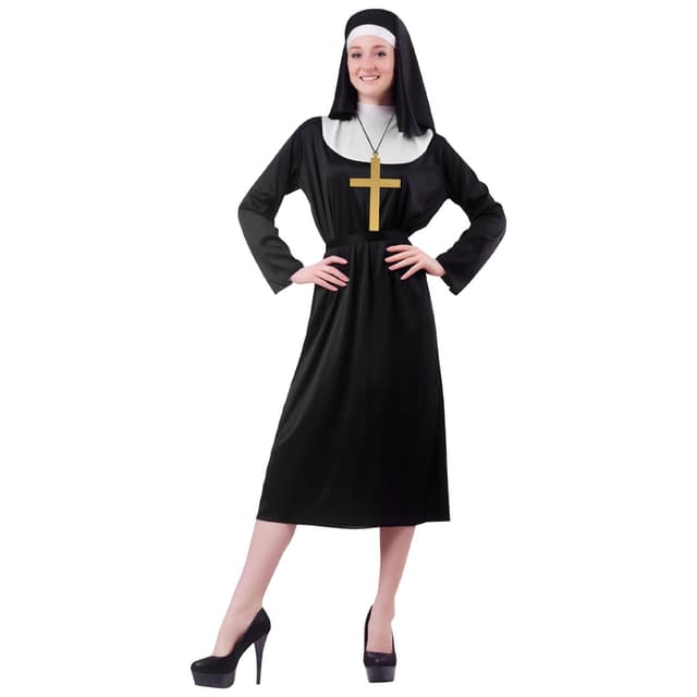 Aomig Nonnen Kostüm Nonne Kloster Schwester Mittelalter Kostüm Damen Religiös Vikare Schwarz Kostüm Outfit mit Nonnenhaube Halskette Nonnenkleid Geeignet für Halloween Karneval Mottoparty Cosplay(XL)