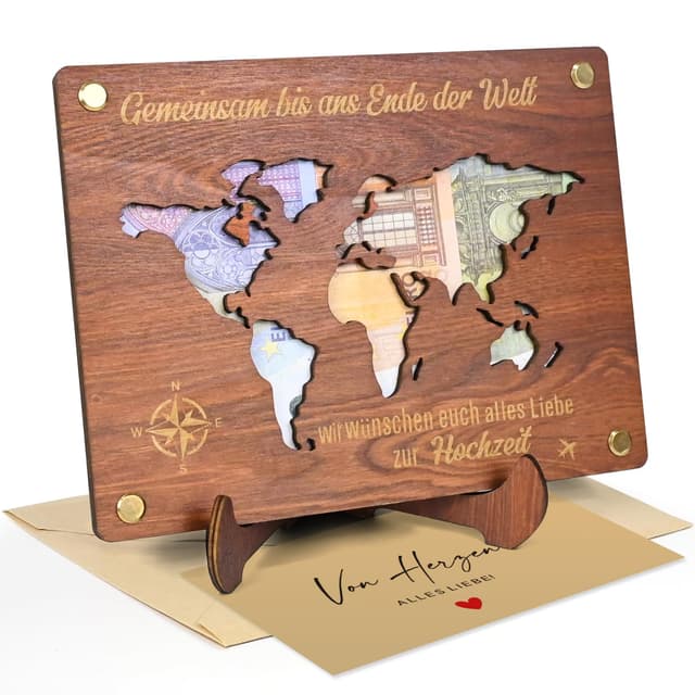 Joellfuner Geldgeschenk Hochzeit, Weltkarte Bilderrahmen Geldgeschenk, Hochzeit Geschenke mit Ständern Briefköpfe, Dekorative Geschenkkarte Holz, Personalisierte Weltkarte für Brautpaar (Braun)