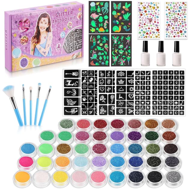 BEVISTY Glitter Tattoo Set Mädchen Weihnachtsgeschenk, 42 Farben Temporäres Tattoo Glitzer für Kinder - 215 Strasssteine 204 Schablonen 3 Kleber 5 Pinsel Wasserfeste Tattoos für Partys