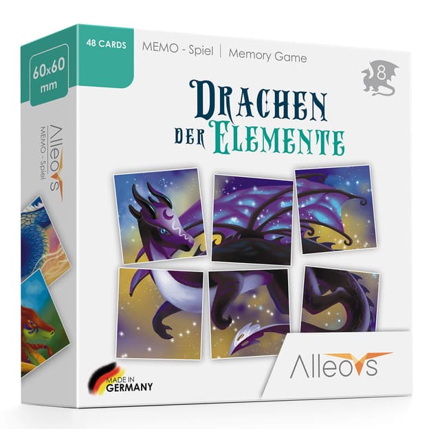 ALLEOVS® Memo - Spiel „Drachen der Elemente“ – Familienspiel – Drachen-Spiel – Lernspiel - Spielerisch Fördern - Förderung von Gedächtnis & Konzentration - Spiel gut Auszeichnung