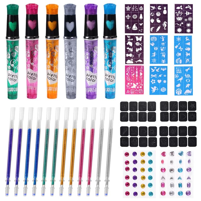 DAOUZL Tattoo Stifte, Glitzer Tattoo Gelstifte Set Kinder mit 6 Tatoostift, 118 Muster, für kinder, Geschenk für Jungen Mädchen Halloween Party