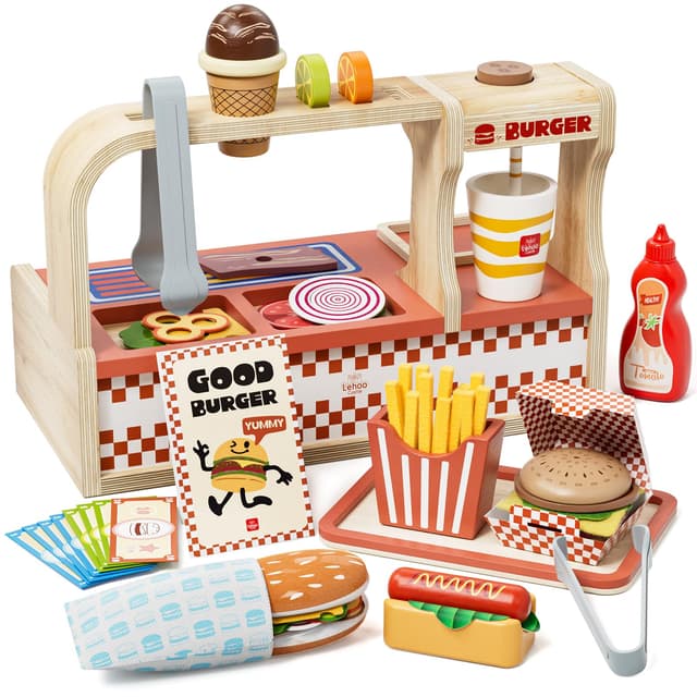 Lehoo Castle Kinderküche Zubehör, kaufladen Zubehör Holz, Kaufmannsladen Zubehör, Spielen Sie Hamburger Shop, Mädchen Geschenke 3 Jahre, Spielküche Zubehör Spielzeug ab 3 Jahre