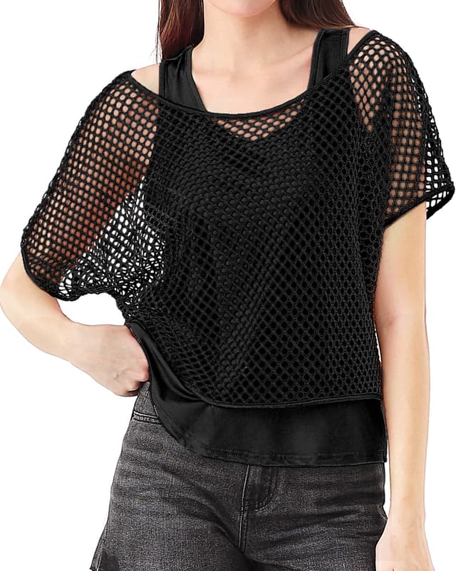 80er 90er Jahre Outfit Damen, Netzoberteil Tank top, Netzshirt Mesh Oberteil, Kostüm 80er Jahre Neon Shirt 80s Aerobic Outfit Off Shoulder Mottoparty Karneval Fasching Kleidung 3XL Schwarz-2 Pcs