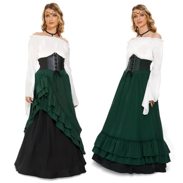 JONRRYIN Mittelalter Kostüm für Damen, Renaissance Viktorianisches Kleid, Mittelalter Kleidung Accessoires mit Ausgestellten Ärmeln und Hoher Taille, Gothic Retro Kleid Karneval Halloween (Grün, S)
