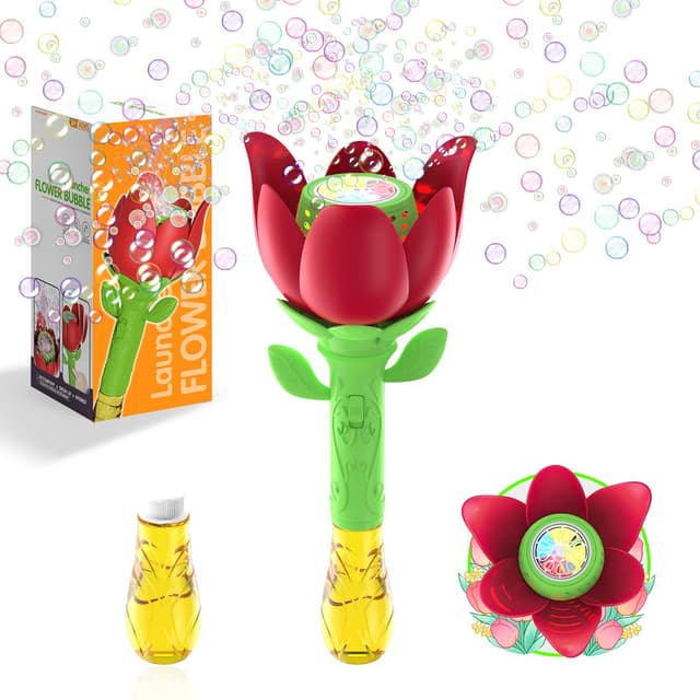 PANACARE Blumen Seifenblasenstab, Elektronische Seifenblasenmaschine Kinder mit Seifenblasenlösung/Akku/Licht, Bubble Machine 10000+ Blasen Spielzeug Kinder Geschenk/Geburtstag/Party/Hochzeit 3099-red
