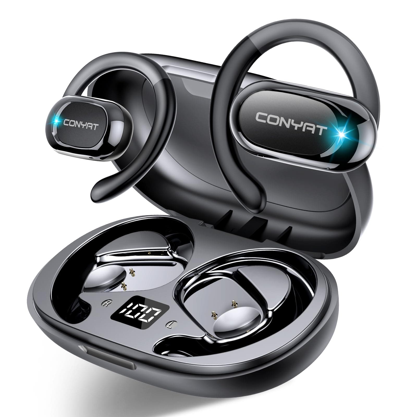 Conyat Open Ear Kopfhörer Sport, 2025 Bluetooth 5.4 Ohrhörer, Open Ear Headphones mit ENC, 58H Spielzeit, Bluetooth Kopfhörer mit Mikrofon/LED-Anzeige, IPX7 Kopfhörer Sport, Pendler/Sport, Schwarz