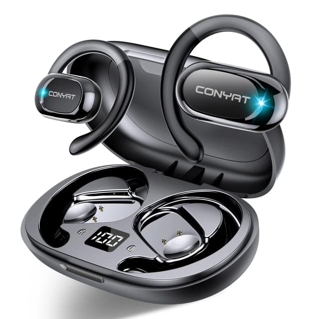 Conyat Open Ear Kopfhörer Sport, 2025 Bluetooth 5.4 Ohrhörer, Open Ear Headphones mit ENC, 58H Spielzeit, Bluetooth Kopfhörer mit Mikrofon/LED-Anzeige, IPX7 Kopfhörer Sport, Pendler/Sport, Schwarz