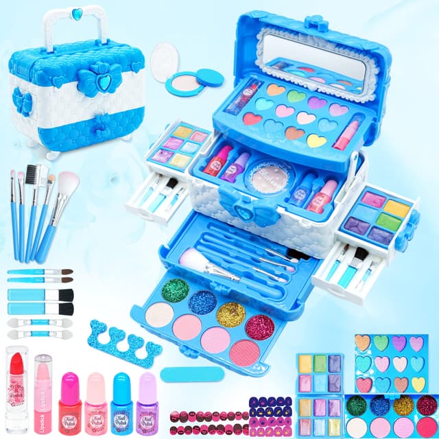 Kinderschminke Set Mädchen Spielzeug Geschenke - Frozen Waschbar Schminkkoffer Kinder, Schminke Kinder Make Up Set Spiele, Toys for Firls Weihnachts Geburtstags Geschenke für Mädchen 4-12 Jahre 57pcs Blau und weiß Make-up Spielzeug für Kinder