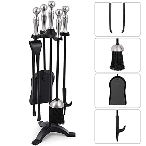 Amagabeli Garden Home Kaminbesteck, 5-teilig, Zubehör, Kamin, Werkzeug, Kamin, Kamin, Servier, Holzofen, Schaufel, Besen, Zange, Schürhaken, Schwarz Silberfarben / Schwarz.