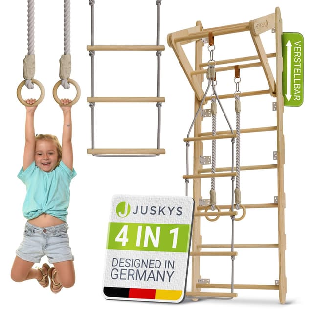 Juskys Sprossenwand für Kinder - mit Klimmzugstange, Indoor Klettergerüst mit Turnringen und Strickleiter, Kletterwand fürs Kinderzimmer, Turnstange