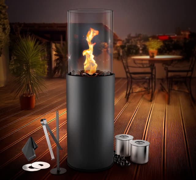 flammtal Standkamin COLUMN für Garten Terrasse Balkon Deko - Bioethanol Kamin 8h Brenndauer / 80cm hoch - Freistehender Ethanol Standkamin für Indoor & Outdoor - Ethanol Kamin mit verstellbarer Flamme