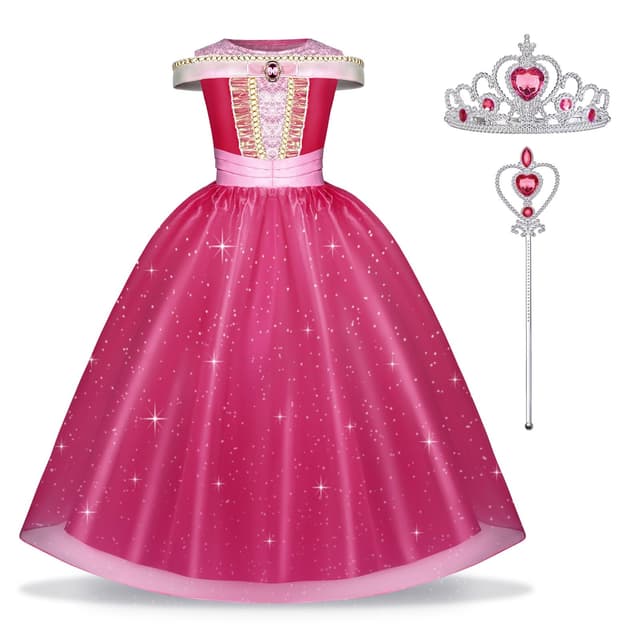 URAQT Aurora Mädchen Prinzessin Kleid, 3teiliges Dornröschen Kinder Mädchen Kostüm Set mit Kronen, Zauberstabzubehör, Rose Rot Spitze Prinzessin Kleid für Karneval, Weihnachten, Mottoparty Cosplay 140