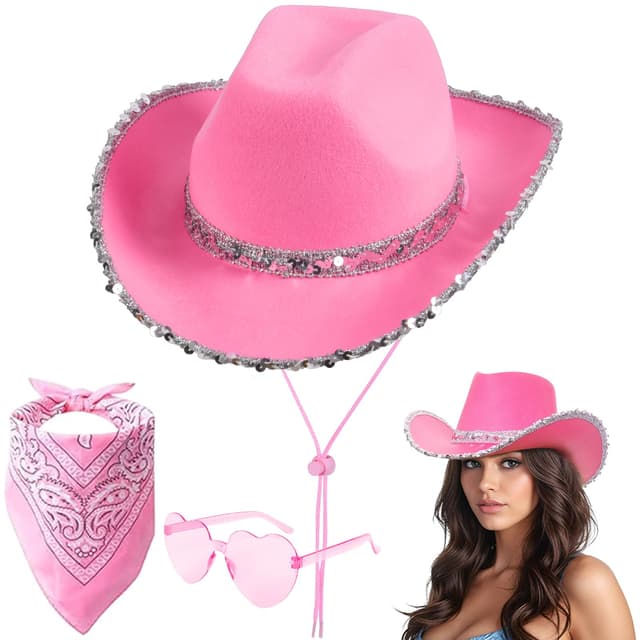 Aomig CowboyHut Damen Herren Fashion Westernhut Cowboyhüte Cowgrilhut Rockstar Randlose Hippie Herzförmige Brille Halstuch Wilder Westen Party Brillen Geburtstagsfeier Fasching Karneval Kostüm Party-A