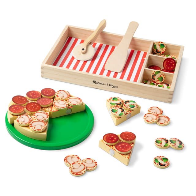 Melissa & Doug Pizza-Party-Spielset aus Holz - Pizza mit 30+ Belägen, Pizzaschneider, Pizzateller, Holzspatel und Holzbox, für kreatives Rollenspiel, für Kinder ab 3 Jahren