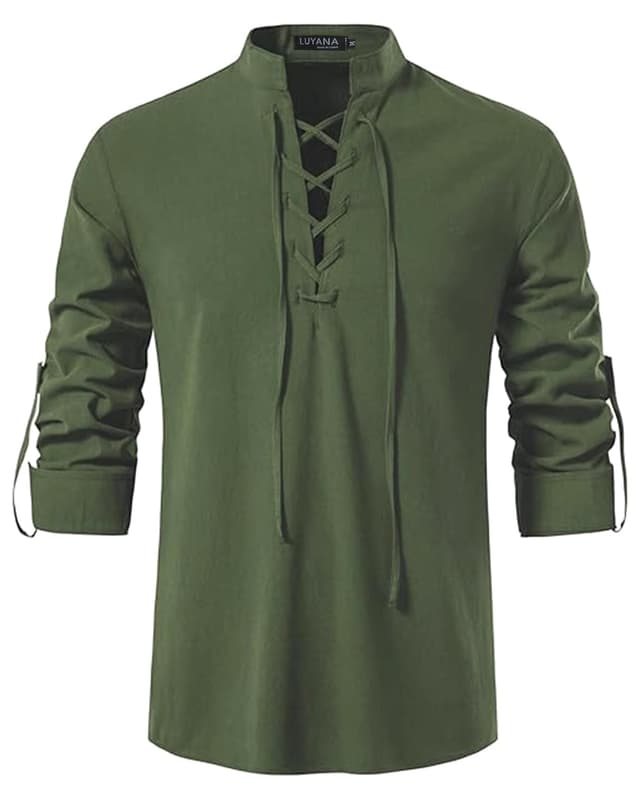 LUYANA Leinenhemd Herren Langarm Freizeithemd Ghillie Kilt Shirt L Armeegrün