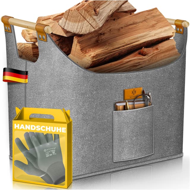 KESSER® Brennholzkorb 60 Liter | Kaminholztasche extra dicker Filz | Feuerholzkorb faltbar mit verstärkten Holzgriffen | Aufbewahrungskorb für Holz, Zeitung oder Brennholz | Inkl. Arbeitshandschuhen 60 Liter Grau