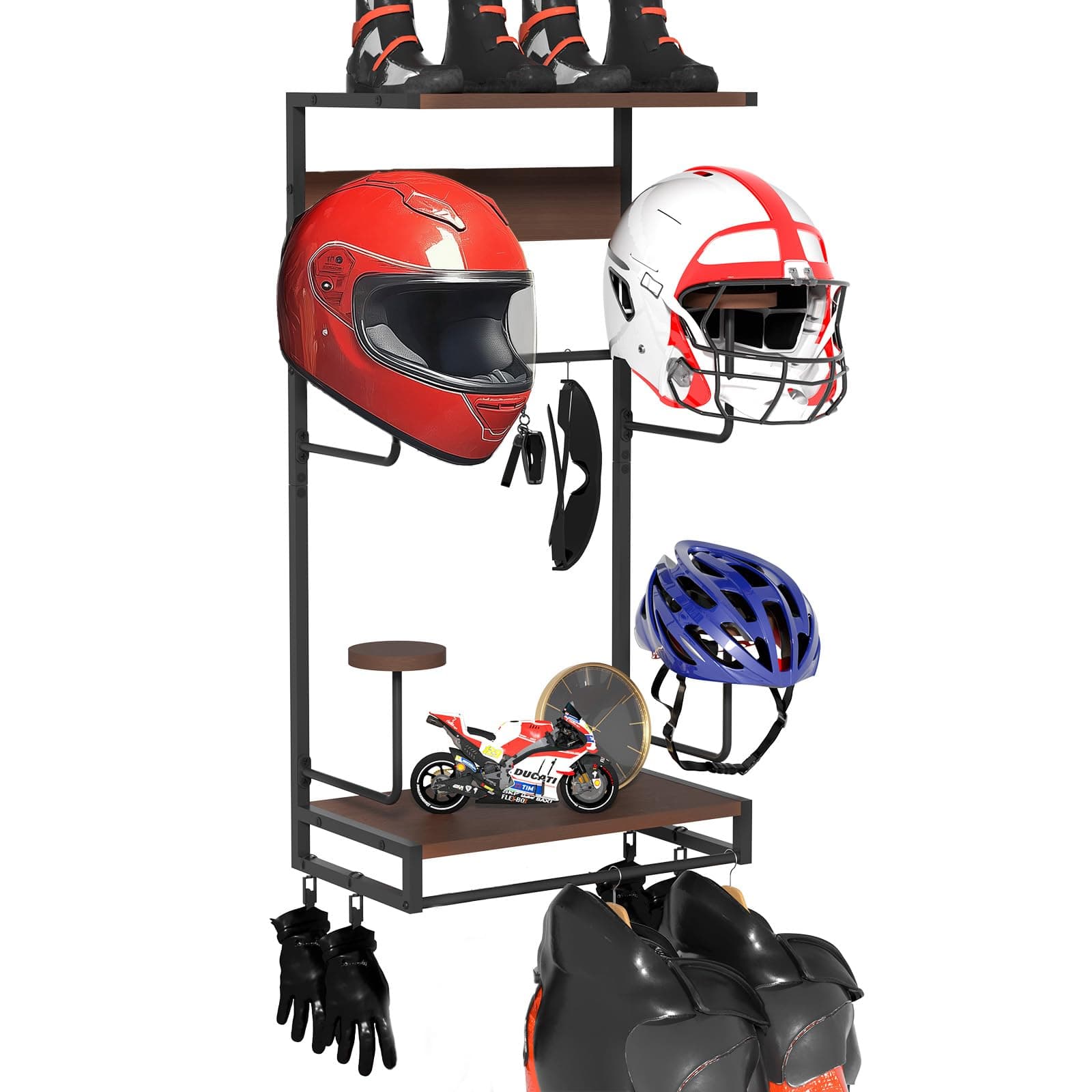 GHWMYD Helm Halterung Wandhalterung, Motorradhelmhalter Plattenständer Display Organizer mit 2 Holzschichtbrettern, 4 Helm ständer für Motorrad, Fußball & Radfahrerausrüstung, Dunkelbraun Größe