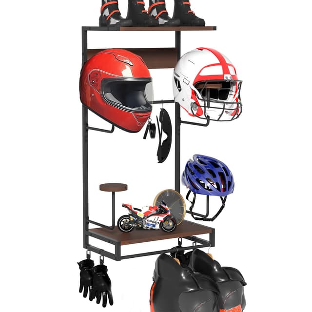GHWMYD Helm Halterung Wandhalterung, Motorradhelmhalter Plattenständer Display Organizer mit 2 Holzschichtbrettern, 4 Helm ständer für Motorrad, Fußball & Radfahrerausrüstung, Dunkelbraun Größe