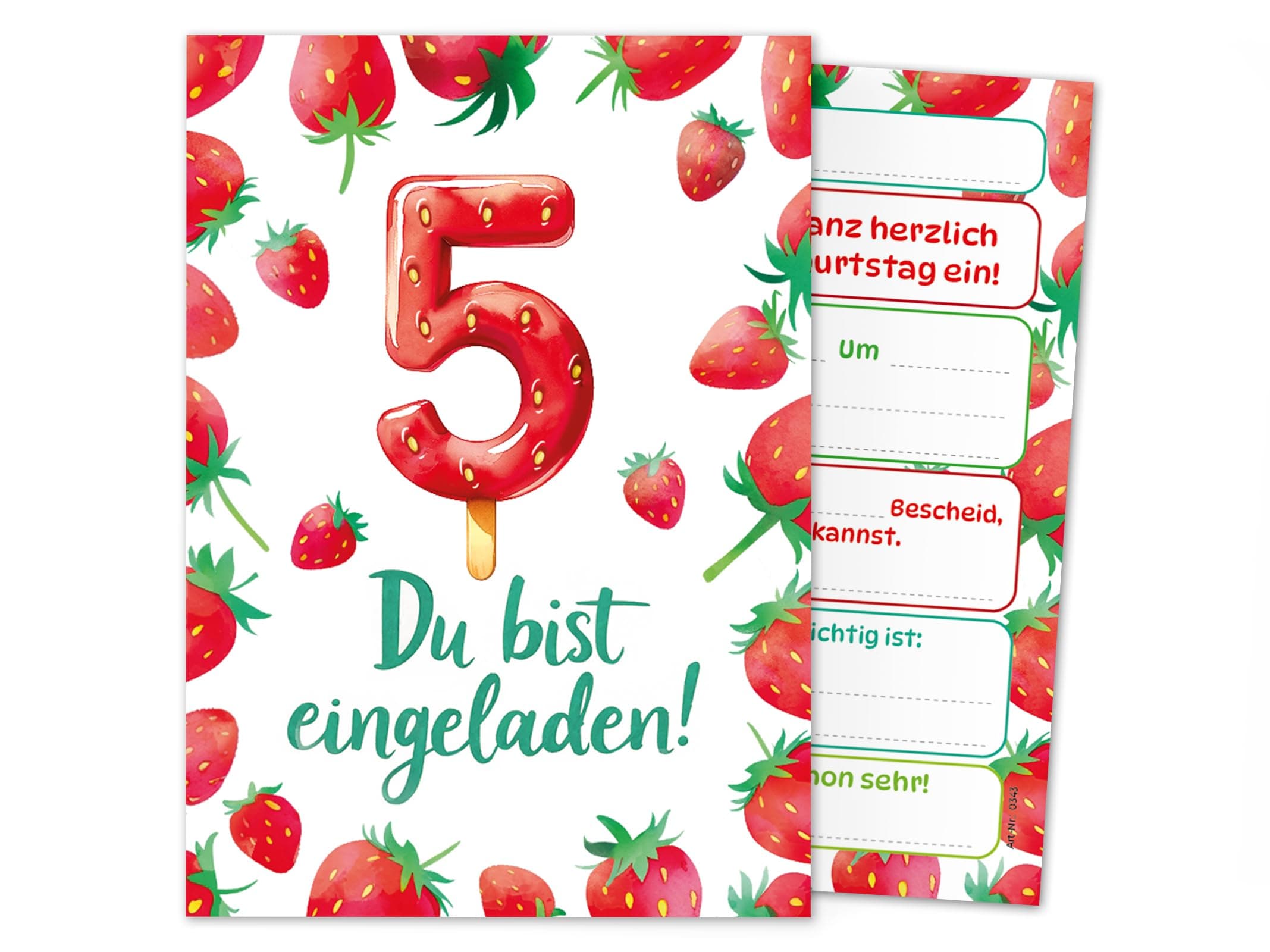 Junaversum 8 Einladungskarten zum 5. Kindergeburtstag Mädchen Erdbeeren Kinder Sommer coole bunte Einladungen fünfte Geburtstag Geburtstagseinladungen Kids Karten 8-er Set