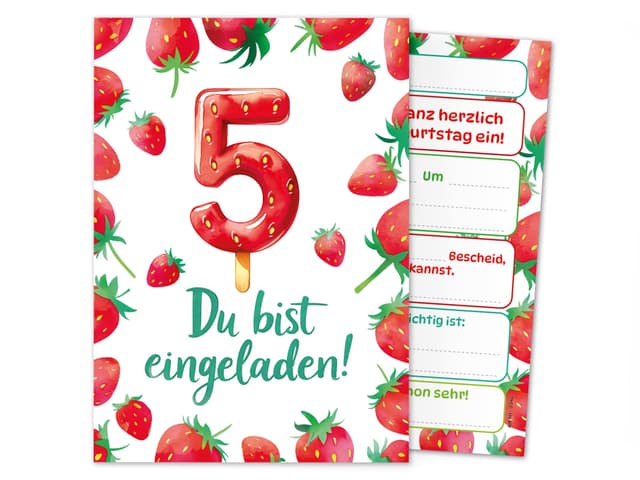 Junaversum 8 Einladungskarten zum 5. Kindergeburtstag Mädchen Erdbeeren Kinder Sommer coole bunte Einladungen fünfte Geburtstag Geburtstagseinladungen Kids Karten 8-er Set