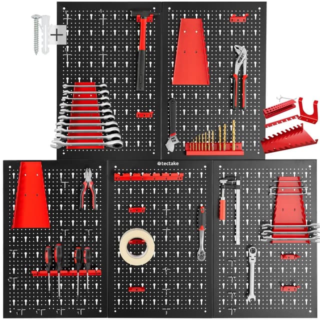 tectake® Werkzeug Lochwand aus Metall, 200 x 60 x 2 cm, Werkzeugwand Lochplatte, inkl. Werkzeughalter Set Haken und Halterungen, Wandregal Regalsystem für Werkbank, Garage, Werkstatteinrichtung - 5tlg 5-tlg.