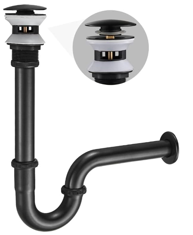 SET - Design Siphon mit Ablaufgarnitur mit Überlauf KEOKBON Siphon 1 1/4" x 32 mm Pop Up Ventil Ablaufgarnitur für Waschbecken und Waschtisch, Edelstahl Röhrensiphon Geruchsverschluss, ORB Schwarz U - Siphon Set mit überlaufloch Orb Schwarz