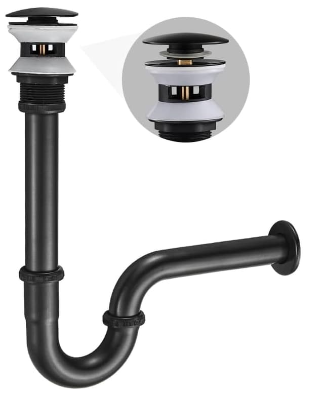 SET - Design Siphon mit Ablaufgarnitur mit Überlauf KEOKBON Siphon 1 1/4" x 32 mm Pop Up Ventil Ablaufgarnitur für Waschbecken und Waschtisch, Edelstahl Röhrensiphon Geruchsverschluss, ORB Schwarz U - Siphon Set mit überlaufloch Orb Schwarz