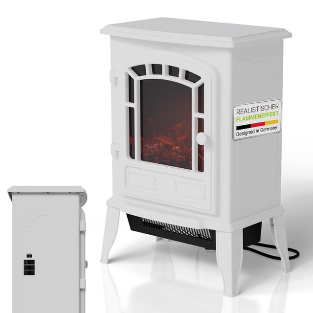 Juskys Elektrokamin 2000 W – Weiß, elektrischer Standkamin mit Flammeneffekt, 2 Heizstufen, Thermostat & Sicherheitsabschaltung für Wohnzimmer