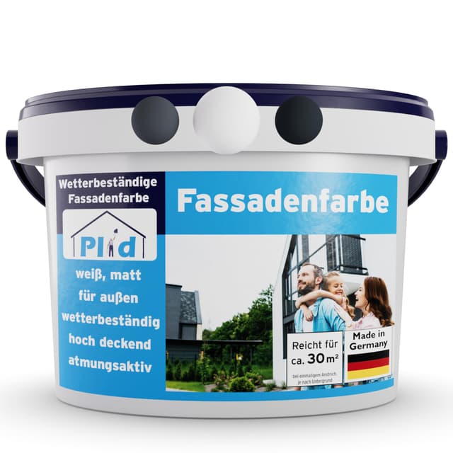 Plid® - Fassadenfarbe Weiss Außen [WETTER & UV-BESTÄNDIG]- Hochwertige Farbe für Mauerwerk, Hauswand, Beton & Kellerwand - Sockelfarbe - Mauerfarbe - Wandfarbe Weiß 5L - Made in Germany 5 l (1er Pack) Weiß