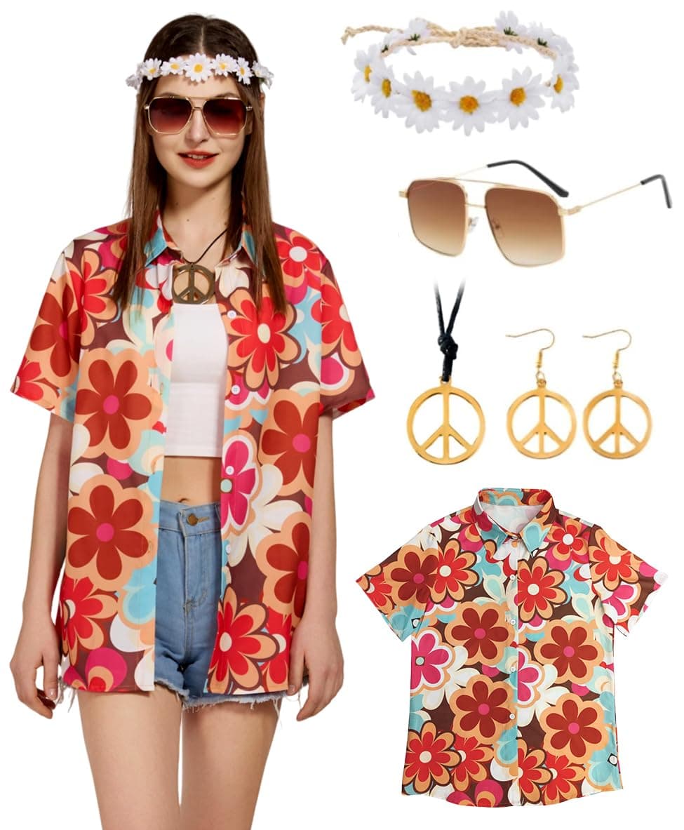 Hippie Oberteile Damen Hawaii Outfit Bluse Kostüm Set Flower Power 80er Hemd Frauen 90er Jahre Vintage Shirt 70er Bekleidung Lässig Retro Tops Karneval Faschingskostüm Orange M