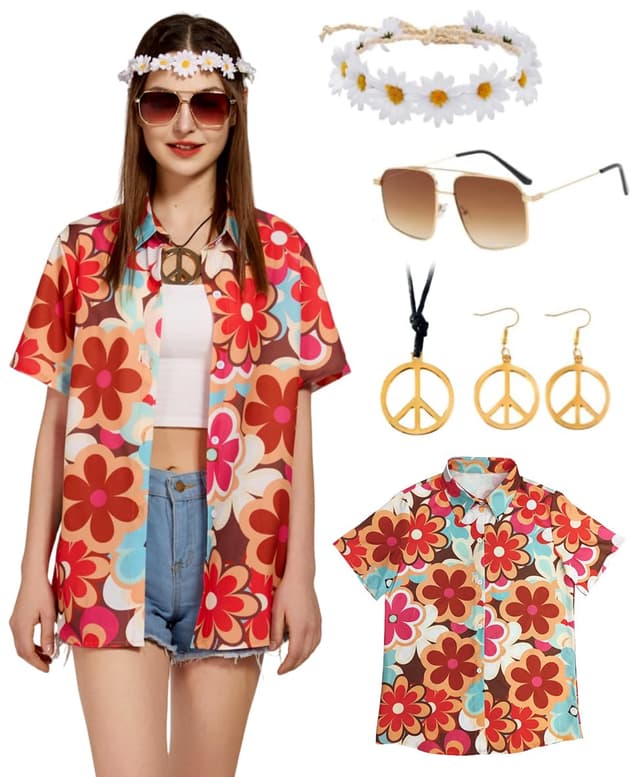 Hippie Oberteile Damen Hawaii Outfit Bluse Kostüm Set Flower Power 80er Hemd Frauen 90er Jahre Vintage Shirt 70er Bekleidung Lässig Retro Tops Karneval Faschingskostüm Orange M