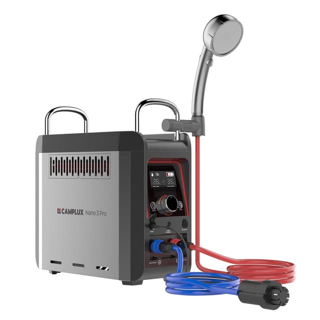 CAMPLUX Mobiler Gasdurchlauferhitzer mit Wasserpumpe und Griff Nano 3 Pro, 3 L/min, 12 Volt, Butan (28-30 mbar)/ Propan (37 mbar), für Campingdusche 28-37 mbar Silber