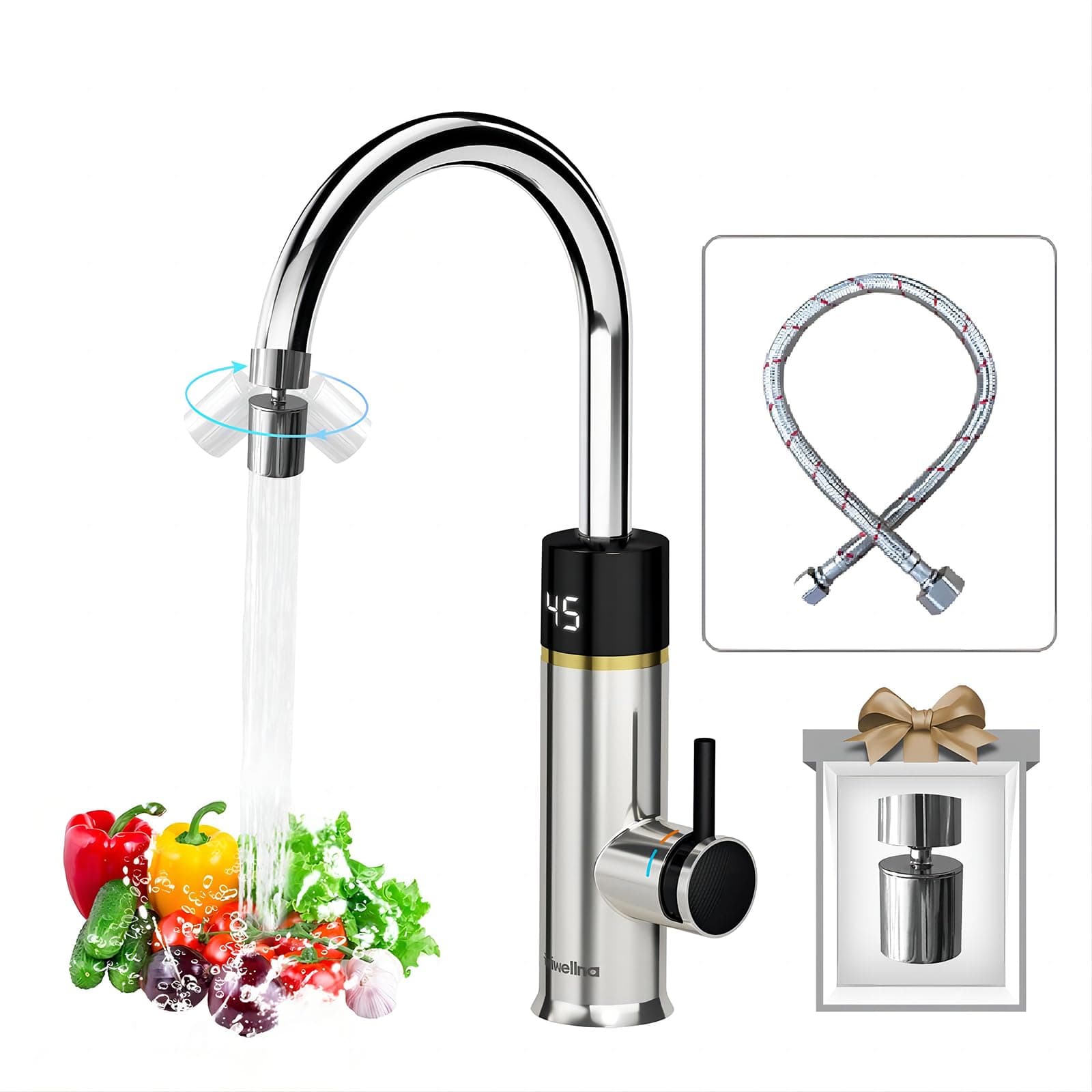 Briwellna durchlauferhitzer wasserhahn 220V elektrische wasserhahn 360 Grad Rotieren und Digitalanzeige,Warmwasserhahn mit Universelle Düse (Silber) KM91 Silber