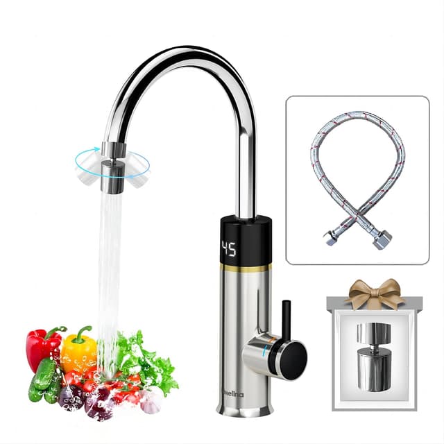 Briwellna durchlauferhitzer wasserhahn 220V elektrische wasserhahn 360 Grad Rotieren und Digitalanzeige,Warmwasserhahn mit Universelle Düse (Silber) KM91 Silber