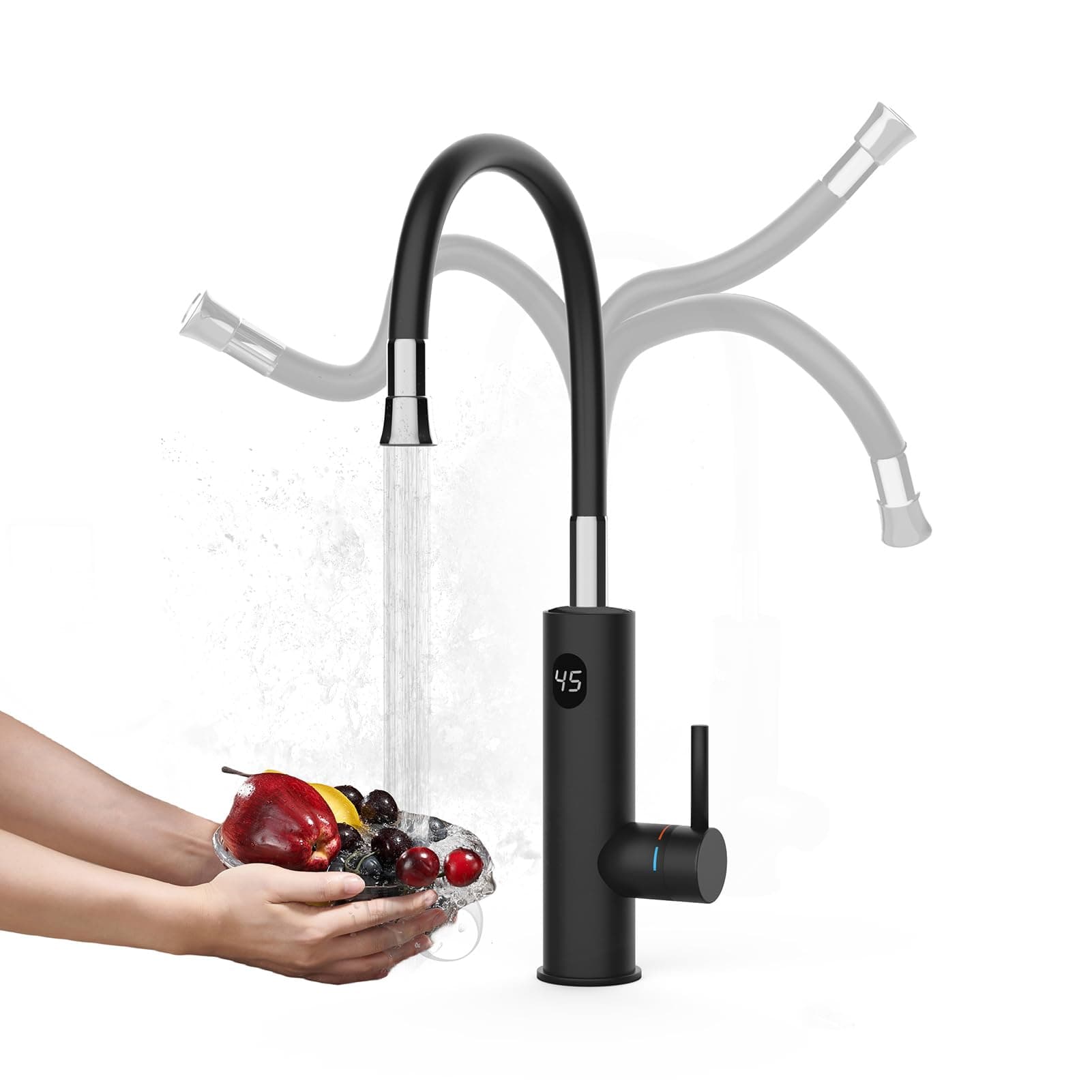 Wasserhahn mit Durchlauferhitzer Küche, 3200W Elektrischer Wasserhähne Sofort Heißes Küchenarmatur mit Flexibler Auslauf und LCD Temperaturanzeige, 360º Drehung Schnellheizungshahn Armatur, Schwarz