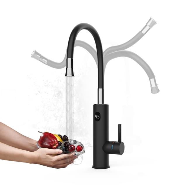 Wasserhahn mit Durchlauferhitzer Küche, 3200W Elektrischer Wasserhähne Sofort Heißes Küchenarmatur mit Flexibler Auslauf und LCD Temperaturanzeige, 360º Drehung Schnellheizungshahn Armatur, Schwarz
