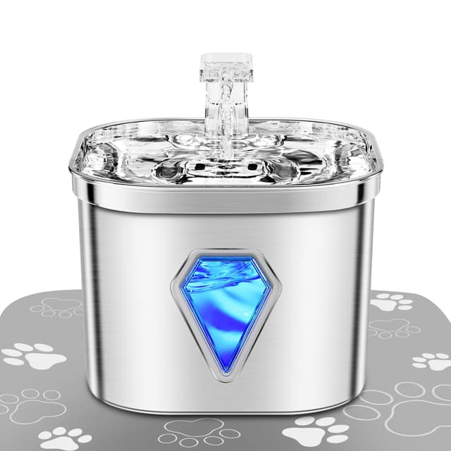 Edelstahl katzenbrunnen trinkbrunnen mit LED-Licht,2.5L,Ultra-Leise,wasserspender Fountain USB-Stromversorgung wasserbrunnen und Aktivkohle, 5-stufige Filtration, für cat Katzen und Hunde,Katze Katzen Trinkbrunnen sliver