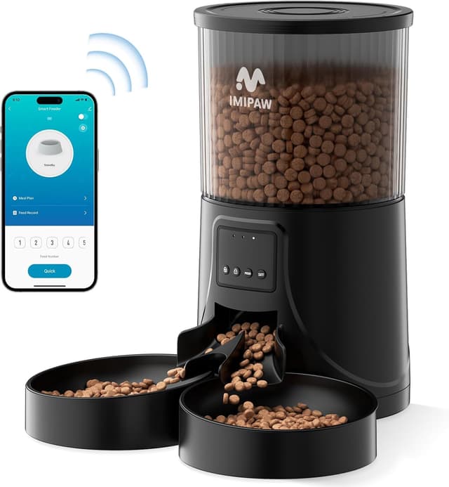 IMIPAW Futterautomat Katze WiFi 2.4G: APP-Steuerung Trockenfutterspender für 2 Kleine Hunde und Katzen 4L, Programmierbare Zeitschaltuhr, 1-10 Mahlzeiten pro Tag, Trockenmittelbeutel