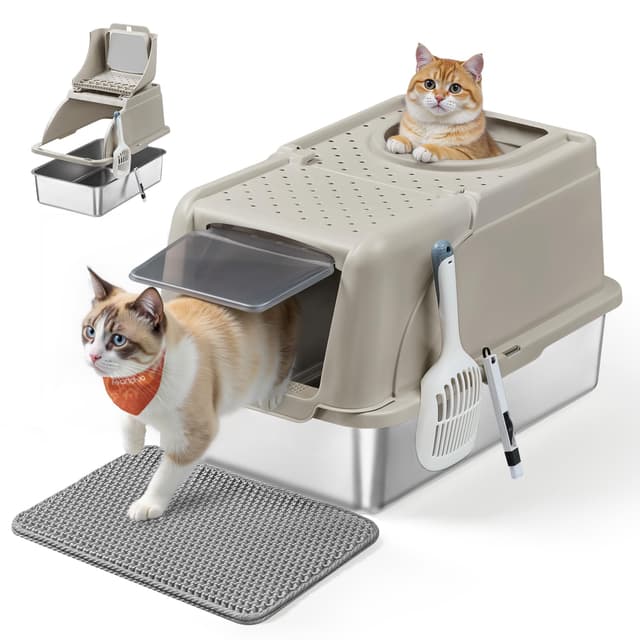 Feandrea Katzenklo Edelstahl, XL, Katzentoilette mit Deckel, mit Schaufel, Bürste und 2 Eingängen, für Katzen bis 15 kg, cappuccinobeige PPT005K01
