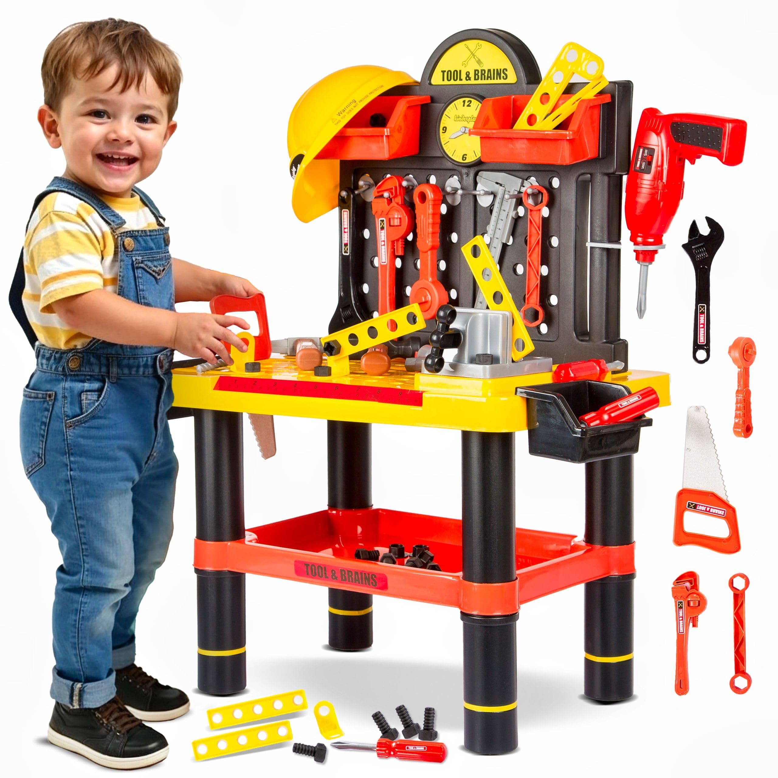 Kinderplay Werkstatt mit Batteriebetriebener Bohrmaschine und Helm, Arbeitsplatte, Werkzeugbank mit Zubehör, KP2646