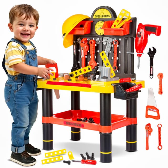 Kinderplay Werkstatt mit Batteriebetriebener Bohrmaschine und Helm, Arbeitsplatte, Werkzeugbank mit Zubehör, KP2646