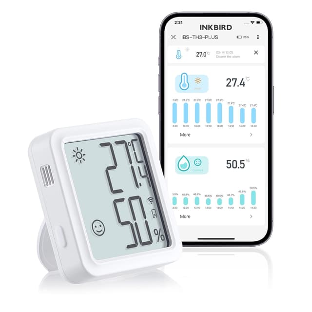 Inkbird Wlan Thermometer Hygrometer, IBS-TH3 Plus Innenraum-Temperatur-Feuchtigkeitssensor mit Wiederaufladbarem Akku, LCD-Display, App-Benachrichtigung, Datenspeicher-Export, für Gewächshaus, Zuhause IBS-TH3-PLUS Thermomètre Hygromètre