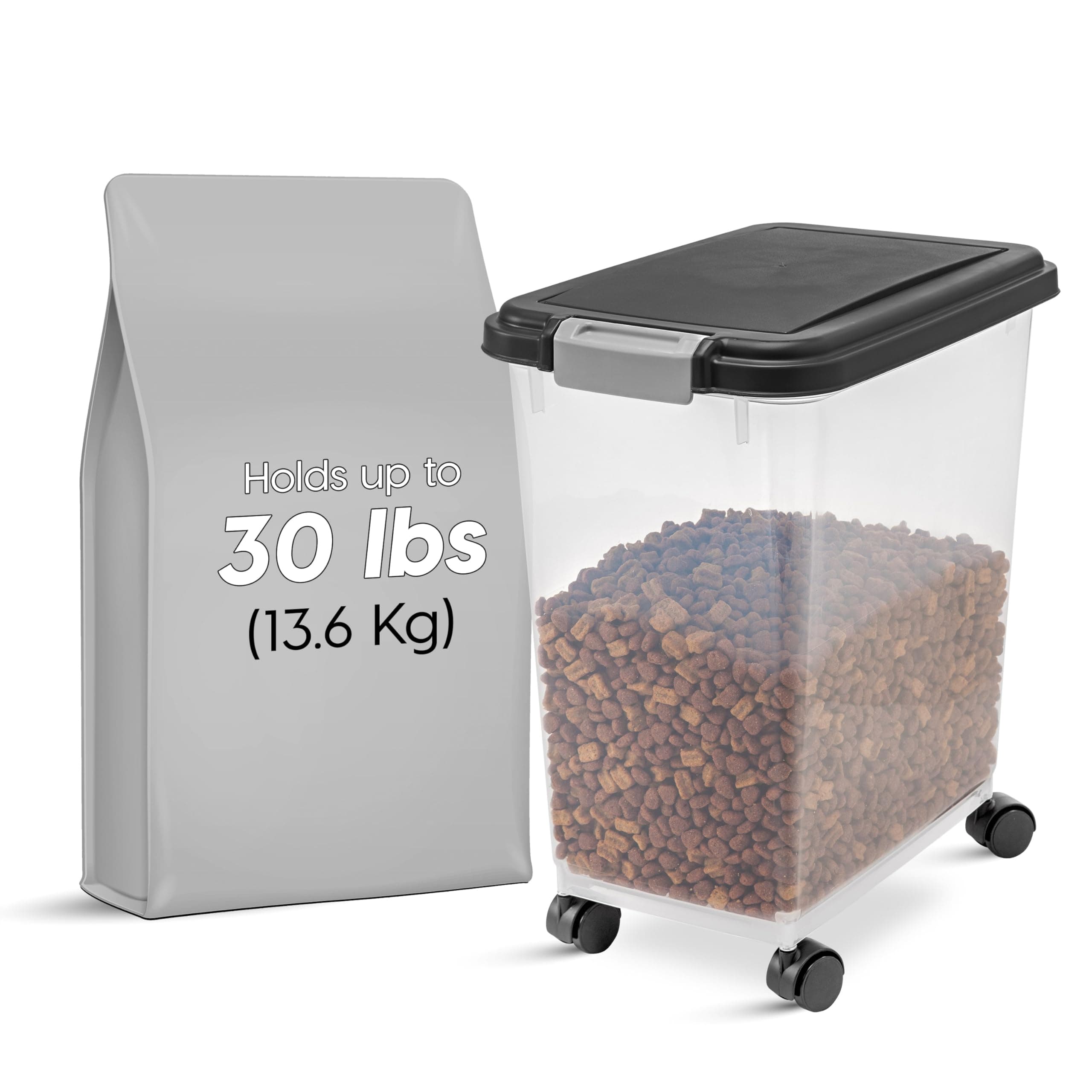 Iris Ohyama, KatzenfutterAufbewahrung mit Rollen, 30L/11kg, Schwarz, Luftdichte Futterbox, Trockenfutter, Futterbehälter, Für Hunde, Katzen, Tierfutterbehälter, BPA-frei, Futtertonne, MP-8 Schwarz 30L / 11.3kg